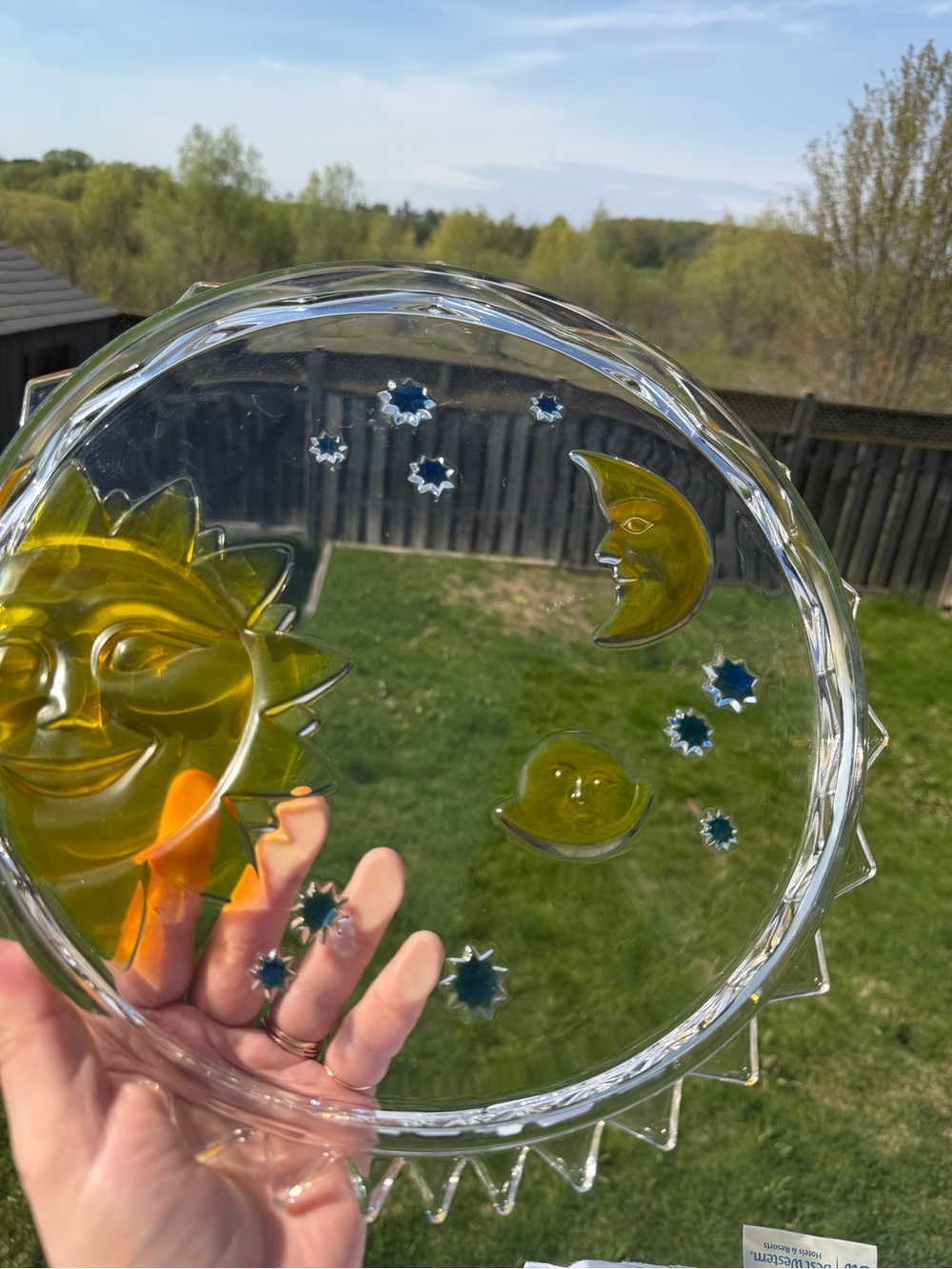 Vintage Celestial Sun Moon Glass Tray 12” Amber Blue Stars Decorative Plate - Picture 3 of 16